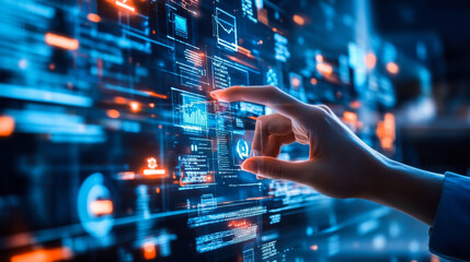 Touchscreen interaction with data visuals in a modern technological environment during nighttime hours
