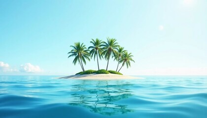 Obraz premium Nestled in the sparkling ocean, a small island showcases a cluster of lush palm trees, surrounded by tranquil waters, inviting relaxation and exploration amidst nature's beauty Generative AI