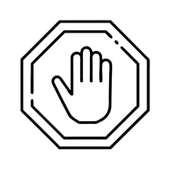 Black and white stop sign with hand symbol line art