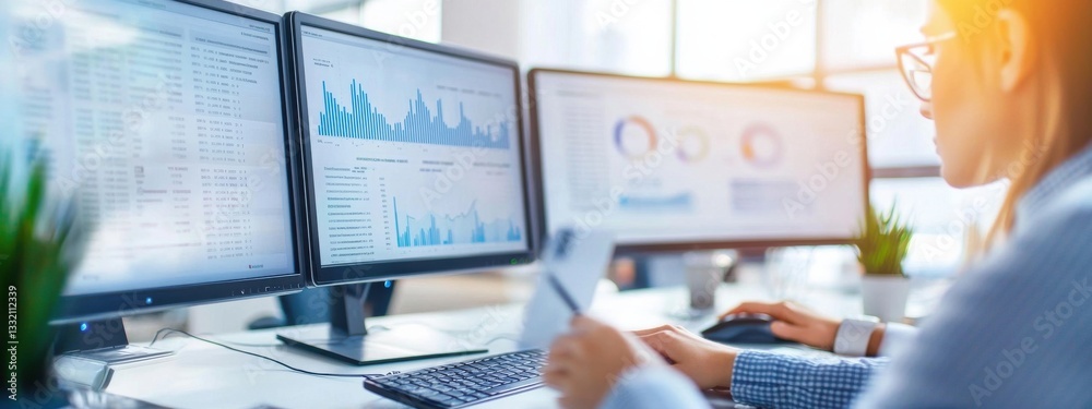 Poster professional workplace with multiple monitors and data analysis