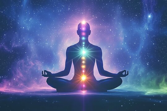 Universe glowing with stars chakras aligned energy flowing through the vast cosmic space