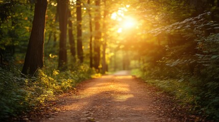 Obraz premium Golden sunlight illuminates a tranquil forest path, evoking peace and natural harmony.