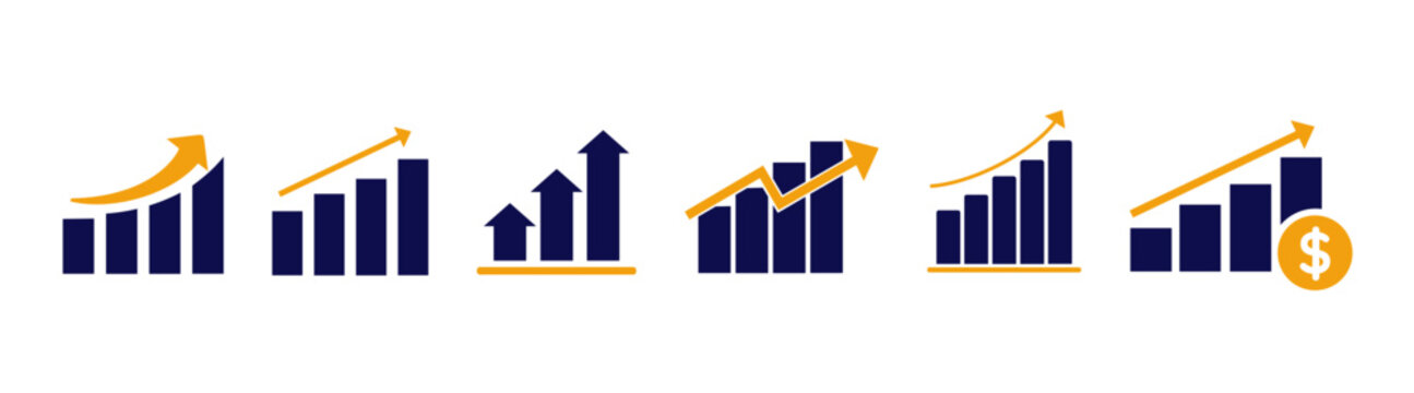 Graph going up sign with arrows vector. Growth bar chart solid icon set vector design. Simple grow, chart, increase vector illustration