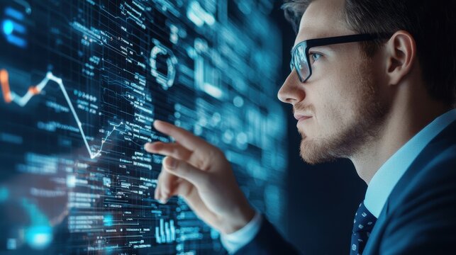 Businessman Analyzing Data on Digital Screen in a Modern Office