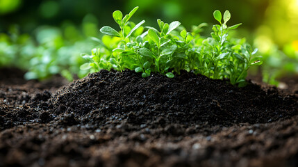  young green plants emerges from rich soil under natural sunlight, symbolizing growth, sustainability