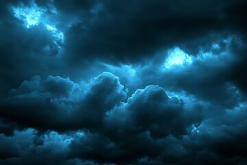Fototapeta premium Black dark greenish blue dramatic night sky. Gloomy ominous storm rain clouds background. Cloudy thunderstorm hurricane wind lightning. Epic fantasy mystic.