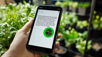 Sustainable finance app displays green rating for investment options in a lush indoor garden setting