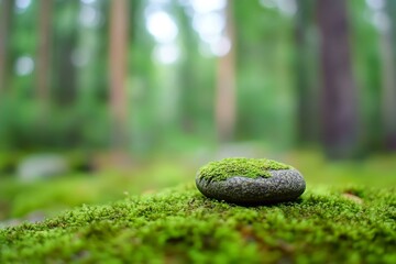 A stone covered with green moss on a blurred forest background. Close-up.