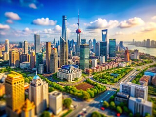 Obraz premium Stunning Tilt-Shift Aerial View of Shanghai Skyline, Modern Cityscape, Downtown District, Sunny Day