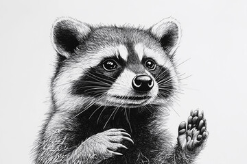 Obraz premium a drawing of a raccoon reaching out its hand to catch a ball of yarn on a string