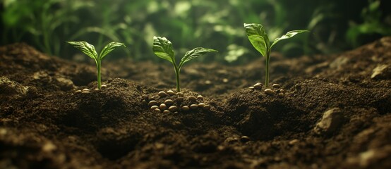 The concept of Growth Trees features coffee bean seedlings set against a natural background of beautiful green hues