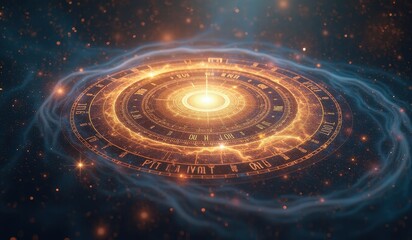 Celestial Wheel Art: Vernal Equinox Zodiac Illustration. A digital artwork depicting a cosmic wheel with zodiac signs.
