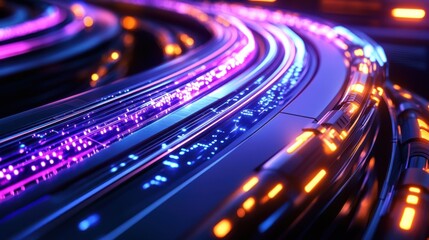 A vibrant, abstract image featuring glowing, colorful lines that appear to flow smoothly, creating a futuristic and dynamic visual effect.