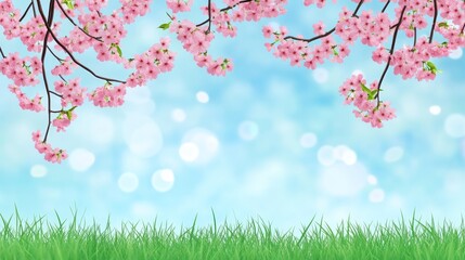 Obraz premium Pink cherry blossoms are blooming in a lush green meadow on an Easter morning with a spring sunrise backdrop