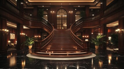Obraz premium Grand, opulent double staircase in a dark wood mansion foyer