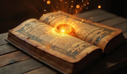 Magical Glow from Vernal Equinox: Open Book of Radiant Wisdom. A glowing book on a wooden table with sparks.