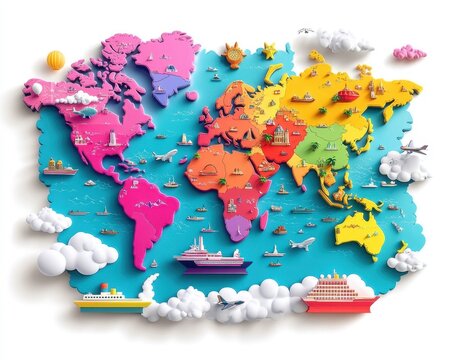 Fototapeta A colorful, 3D map of the world featuring detailed continents, ships, clouds, and a vibrant blue ocean backdrop.