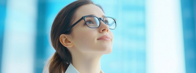 Thoughtful Woman Reflecting in Modern Office with City Background