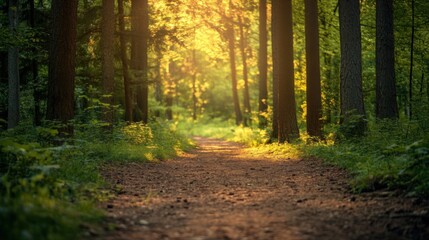 Fototapeta premium Golden sunlight illuminates a tranquil forest path, evoking peace and natural harmony.