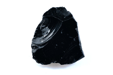 Shiny Natural Obsidian Rock Isolated on White Background Showing Smooth Reflective Surface and...