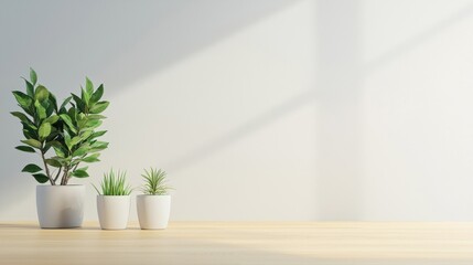 Indoor Plants in White Pots on Wooden Table near Sunlit Wall