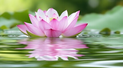 Beautiful pink lotus flower floating on the reflective water surface