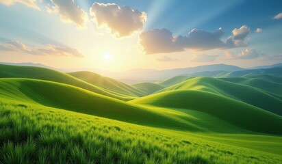 Obraz premium HighResolution Desktop Wallpaper: Vernal Equinox Scene. A field of green grass under a blue sky with clouds.