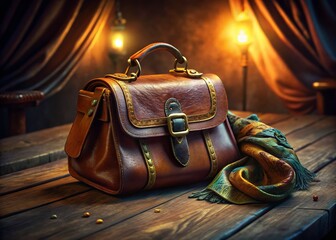Stylish Brown Leather Purse with Scarf - Low Light Fashion Photography