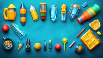 Colorful kid's utensils and drinks on blue surface