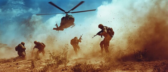 Soldiers move through a dusty landscape as a helicopter hovers above, creating a dynamic scene filled with action and determination.