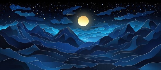 Obraz premium Serene Blue Mountain Landscape Under Starry Night Sky with Moon