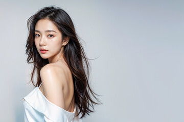 Young Japanese woman looking back in open-shouldered and backless clothing, AI generated