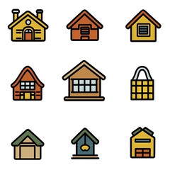 Various colorful illustrated homes and structures against a white background