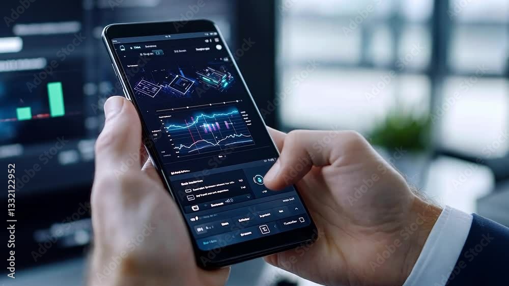 Poster user interacts with neobanking application displaying financial data on smartphone in modern office 
