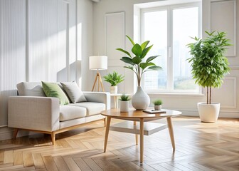Naklejka premium Stylish Living Room Interior: White Table with Potted Plant Decoration