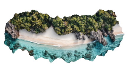 Tropical island with white sand beach, lush vegetation, and transparent background