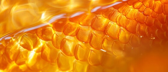 Golden fish scale details shimmer underwater, highlighted by warm, soft focus light reflecting on finely textured skin.