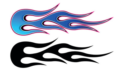 Burning tires and blue flame electric sports car decal vinyl sticker. Racing car speed fire flames vector art graphic.