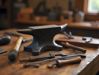 Blacksmith's Still Life: A Close-Up of Craftsmanship and Timeless Tools in a Traditional Workshop Environment