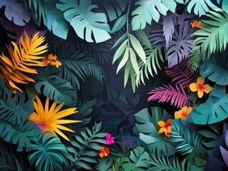 Fototapeta premium Vibrant Tropical Foliage with Colorful Flowers and Leaves