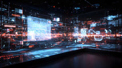 Fototapeta premium Futuristic digital interface displaying data analytics in a high-tech environment immersive technology experience