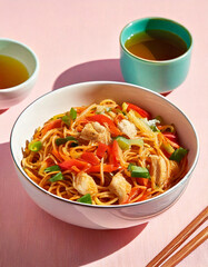 Tallarines chow mein con pollo y verduras frescas