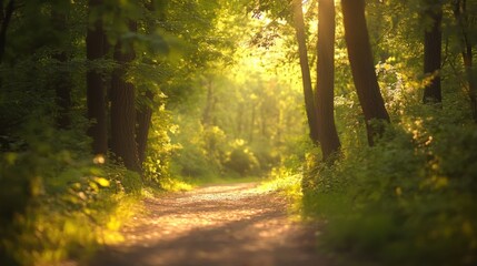 Obraz premium Golden sunlight illuminates a tranquil forest path, evoking peace and natural harmony.