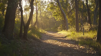 Fototapeta premium Golden sunlight illuminates a tranquil forest path, evoking peace and natural harmony.
