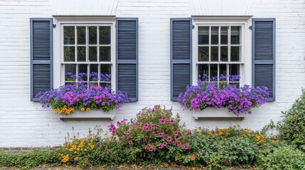 Two windows with colorful flower boxes