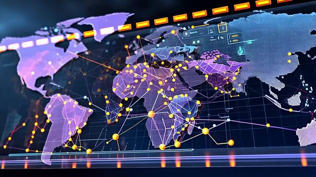Futuristic Digital World Map With Glowing Network Connections and Global Data Points Representing International Communication

