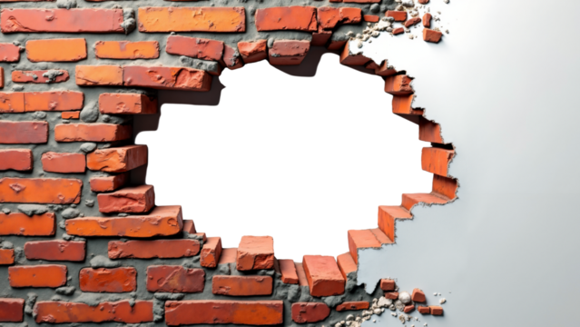 Realistic Hole in a Wall Made of Red Bricks Isolated on Transparent Background for Creative Projects