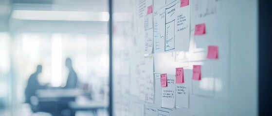 Fototapeta premium A bright meeting room with a glass board filled with sticky notes, in-focus, while colleagues in the background discuss, reflecting teamwork and planning.