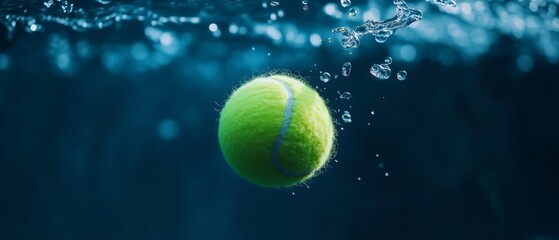 A vibrant tennis ball frozen in motion underwater, surrounded by a flurry of bubbles and ripples, creating a sense of dynamic suspension.