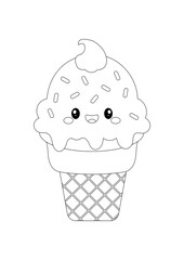 Cute kawaii ice cream coloring page for kids. Adorable vector outline of a smiling ice cream cone, perfect for fun and creative activities. Black and white, hand-drawn and easy to color.